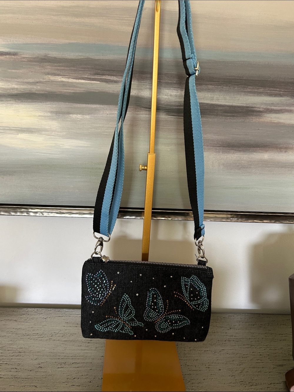 Brighton Black Denim Crossbody with Teal Butterfly Accents NWOT